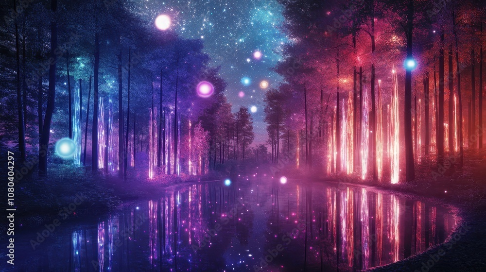 Glowing crystal trees reflect on a glassy river in misty moonlight Glowing crystal trees reflect on a glassy river in misty moonlight