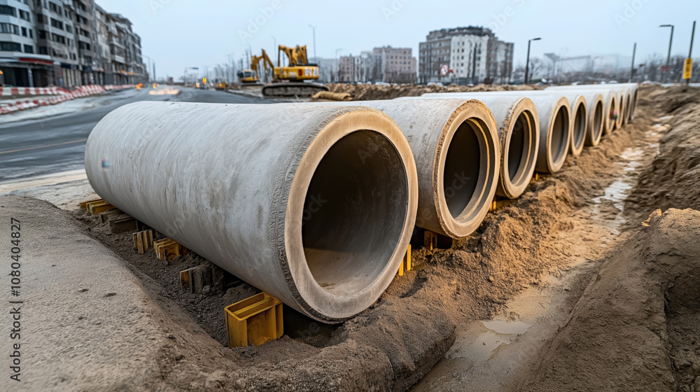 Large concrete drainage pipes lined up at a road construction site with heavy machinery in the background, alongside urban buildings and a partially completed road.