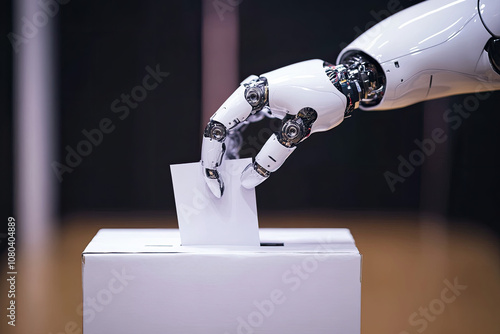 Hand of AI humanoid robot placing vote in ballot box.