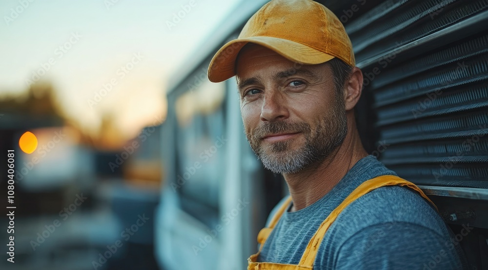 A confident worker in overalls smiles and looks directly at the camera. A confident worker in overalls smiles and looks directly at the camera.