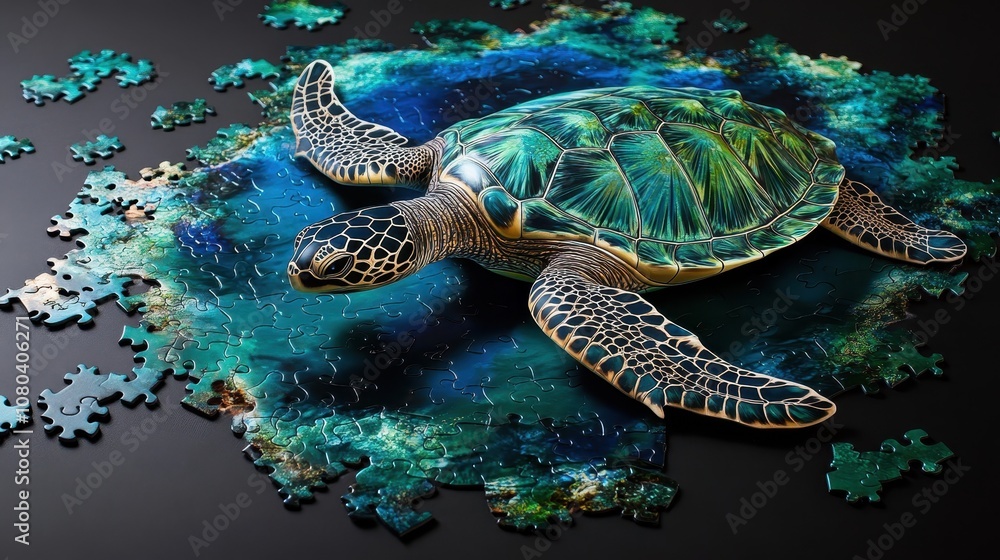Fototapeta premium Vivid sea turtle puzzle shell and water textures reflecting light on table background