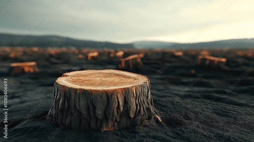 Vast deforested landscape with numerous tree stumps under a cloudy sky, highlighting environmental impact and deforestation issues.