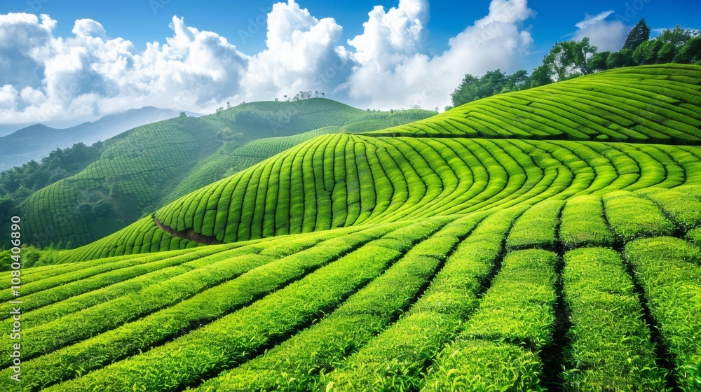 Lush Tea Plants on Neat Hillside Rows Lush Tea Plants on Neat Hillside Rows