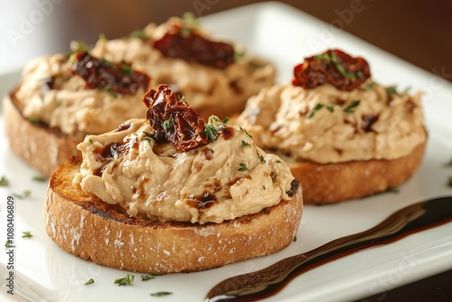 Closeup of bruschetta with sun-dried tomatoes. This image showcases a gourmet appetizer perfect for a restaurant menu or food blog. photo