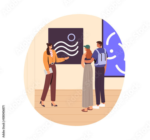 People enjoy of excursion at art gallery. Visitors with guide looking at contemporary painting at museum exhibition. Couple is at exposition of pictures. Flat isolated vector illustration on white
