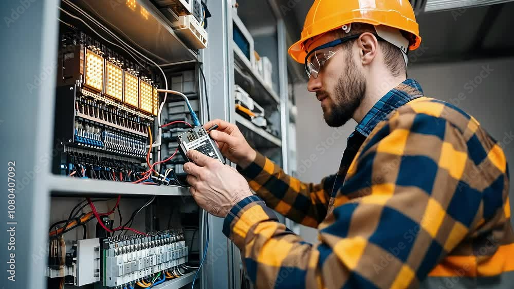 A technician in a hard hat works on electrical equipment, checking connections and components within a control panel, ensuring proper functionality and safety. A technician in a hard hat works on electrical equipment, checking connections and components within a control panel, ensuring proper functionality and safety.