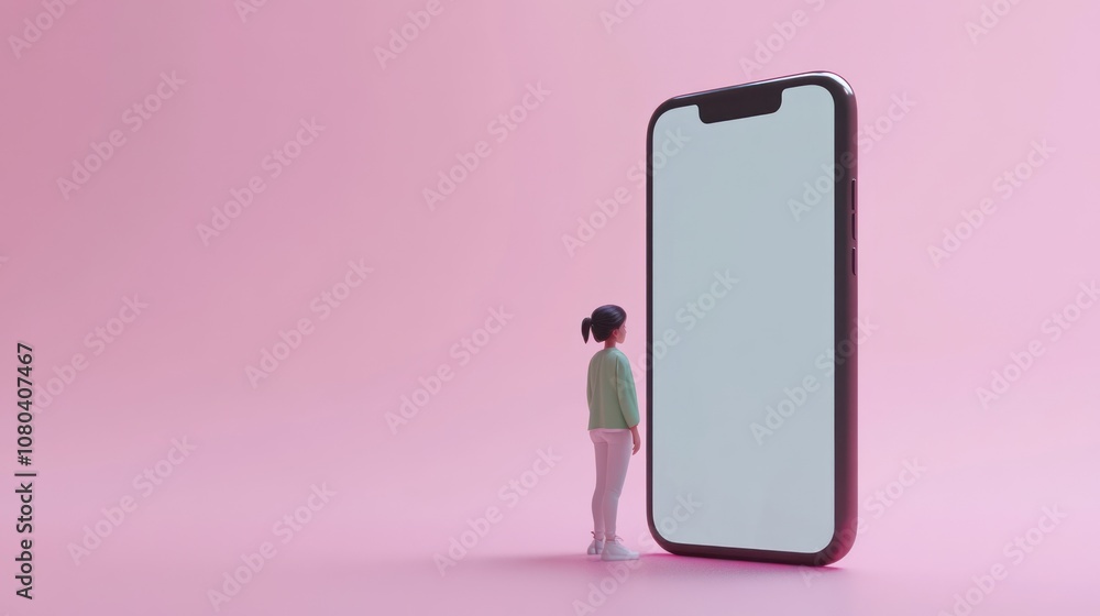 A child stands in front of an oversized smartphone, symbolizing technology's impact on youth.