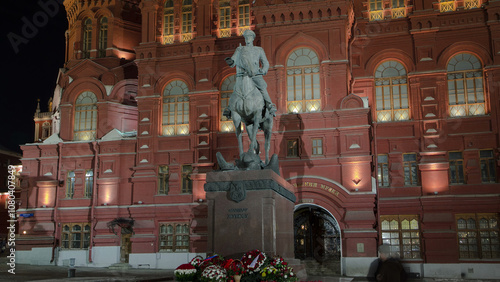 The monument to Marshal Zhukov near the Historical Museum at night timelapse hyperlapse. Moscow, Russia