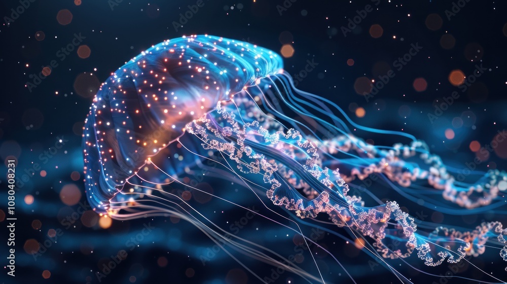 A glowing jellyfish with a blue and pink bioluminescent body and tentacles, set against a dark background with out-of-focus lights. A glowing jellyfish with a blue and pink bioluminescent body and tentacles, set against a dark background with out-of-focus lights.