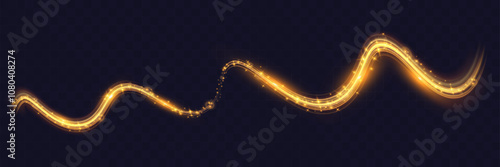 A vibrant, glowing light trail or streak in a golden yellow hue with sparkling highlights on a dark background. This abstract, magical design has a smooth, curved flow with bright shimmering .