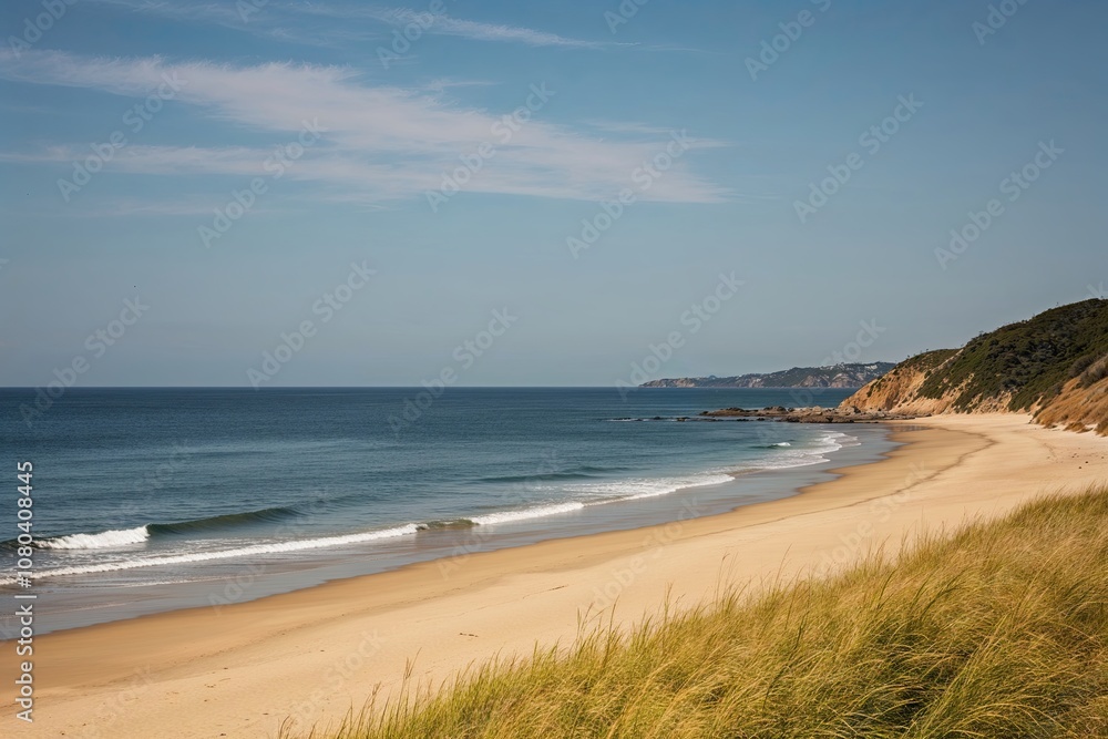A Serene Coastal Beach with Gentle Waves and Soft Golden Sands A Serene Coastal Beach with Gentle Waves and Soft Golden Sands