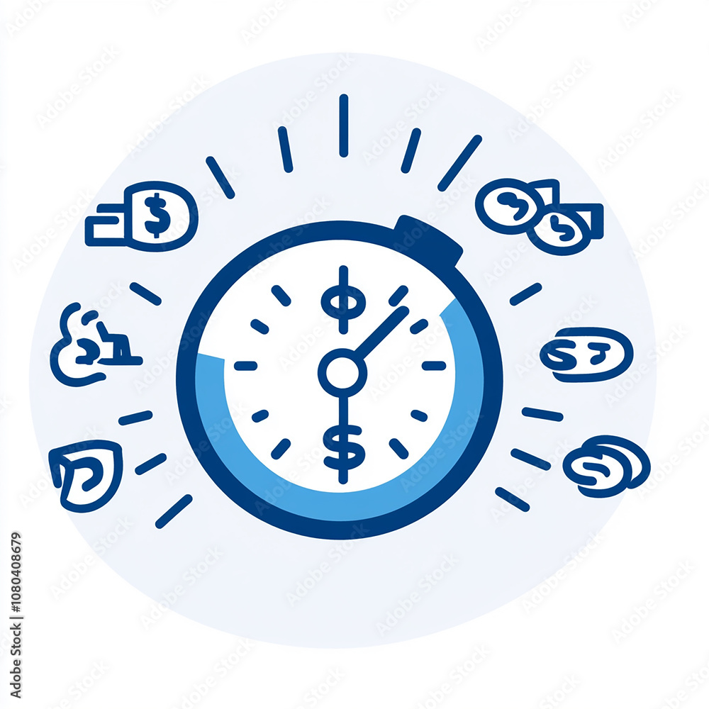 Clock with dollar signs and other icons representing time and money. Clock with dollar signs and other icons representing time and money.