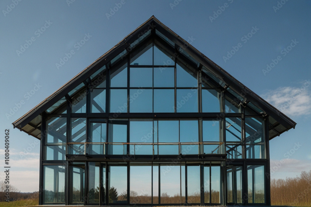 Glass house and blue sky with sun Glass house and blue sky with sun