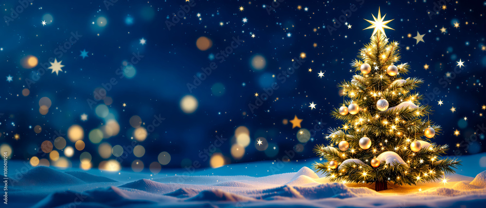 Midnight Christmas Tree with Snow and Copy Space Midnight Christmas Tree with Snow and Copy Space