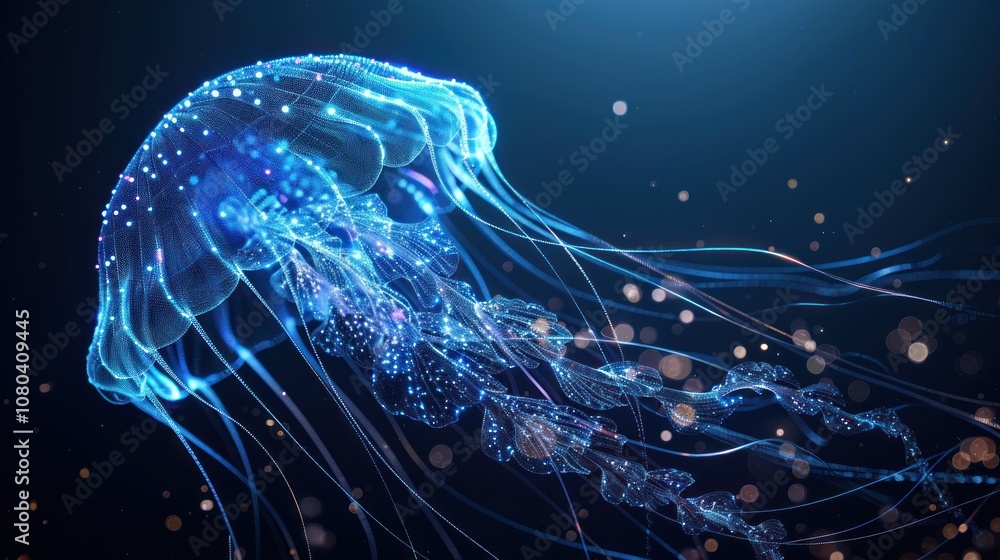 A digital rendering of a bioluminescent jellyfish with glowing particles and a blue background. A digital rendering of a bioluminescent jellyfish with glowing particles and a blue background.
