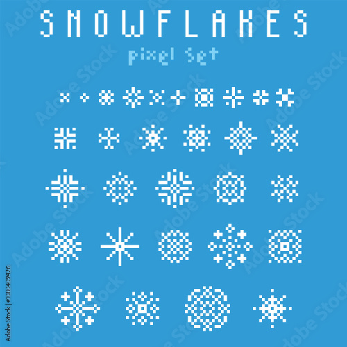 Pixel art snowflake set. Winter retro video-game element collection. 90s aesthetics, 8-bit vector illustration.