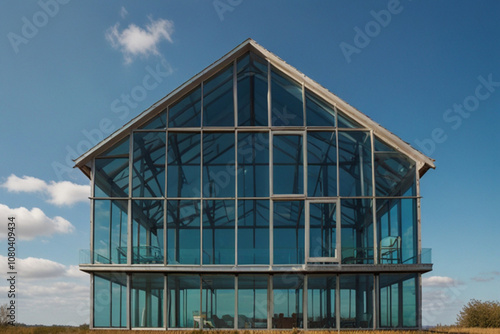 Glass house and blue sky with sun