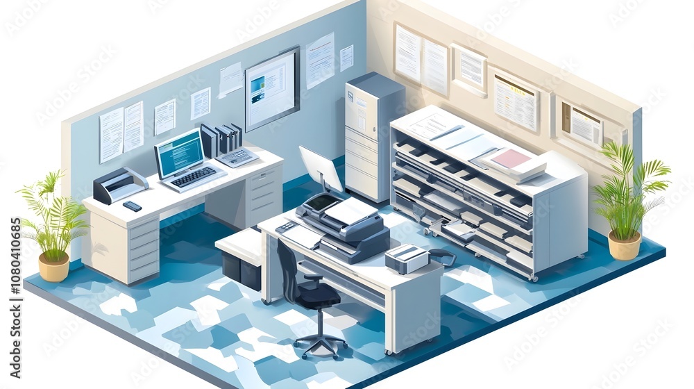 Office copy room isometric illustrated Office copy room isometric illustrated