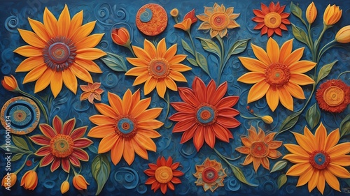 Colorful floral paper art with blue background