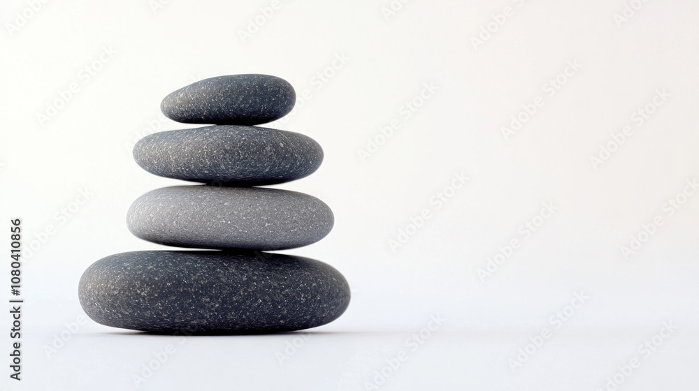 A balanced stack of four smooth pebbles arranged harmoniously against a pristine white background A balanced stack of four smooth pebbles arranged harmoniously against a pristine white background