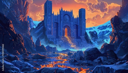 An ancient, blue-hued castle with an open, glowing doorway, standing on a rocky, lava-filled landscape beneath a colorful sunset sky. photo