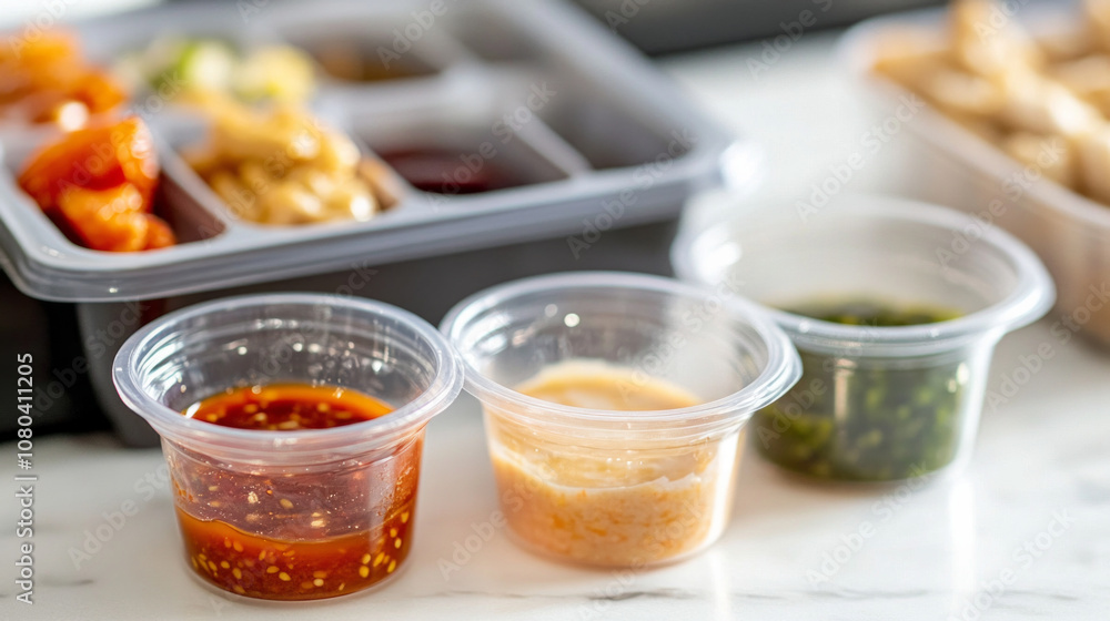 Containers filled with various sauces and dips beside an assortment of appetizers on a dining table Containers filled with various sauces and dips beside an assortment of appetizers on a dining table