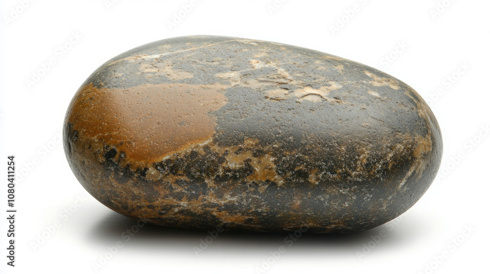 Natural river stone placed on a white background showcasing its texture and coloration with a smooth, rounded shape Natural river stone placed on a white background showcasing its texture and coloration with a smooth, rounded shape