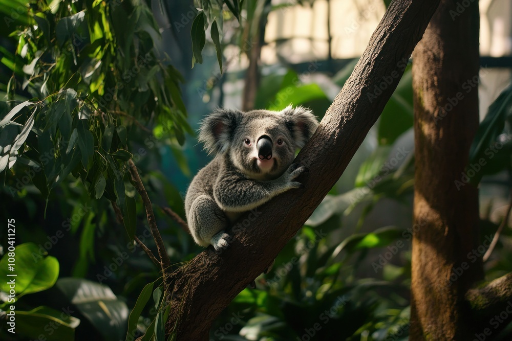 Fototapeta premium Koala Climbing on Tree in Lush Green Environment