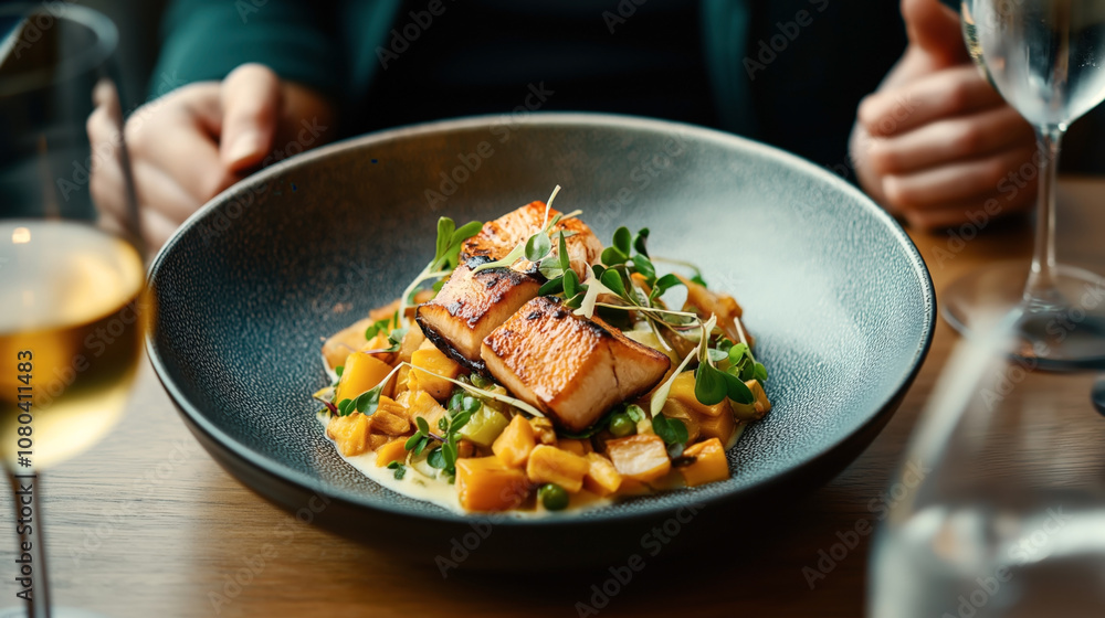 Gourmet dish of pan-seared fish fillet with mixed vegetables served on a modern dining table with glass of white wine Gourmet dish of pan-seared fish fillet with mixed vegetables served on a modern dining table with glass of white wine