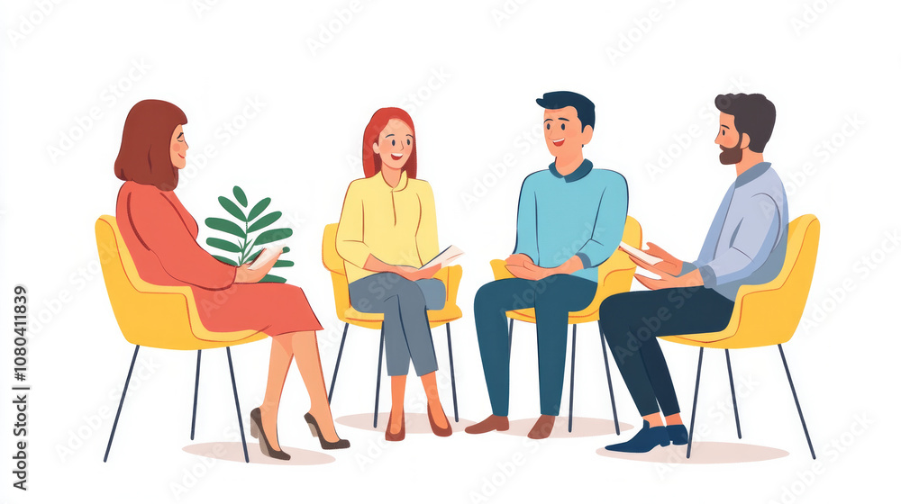 Group of four individuals engaging in an open discussion in a bright, modern setting with comfortable chairs and a friendly atmosphere Group of four individuals engaging in an open discussion in a bright, modern setting with comfortable chairs and a friendly atmosphere