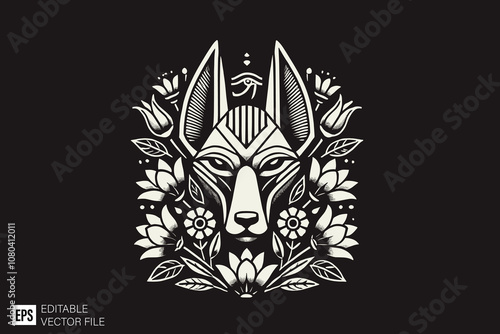 wolf egyptian art anubis head dark art style vector design black and white illustration