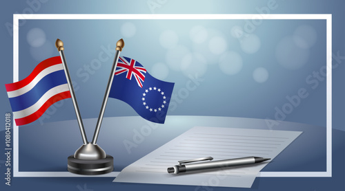 Thailand and Cook Islands Small national flag on bokeh background, cooperative relationship