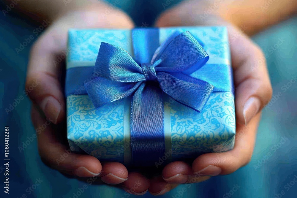 Blue Gift Box Held in Hands Blue Gift Box Held in Hands