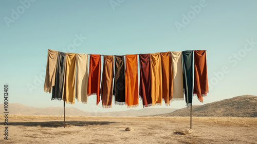 Colorful blankets hanging on a line between two poles in an open landscape with dry grass and hills under a clear blue sky photo