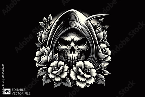 grim reaper illustration dark art style vector design black and white illustration