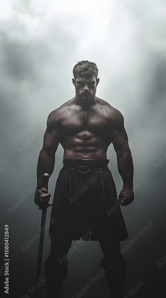 A Scottish Highland warrior in a kilt and wielding a claymore, standing tall against a misty gray background. A Highland warrior ready for combat.
A Scottish Highland warrior in a kilt and wielding a claymore, standing tall against a misty gray background. A Highland warrior ready for combat.