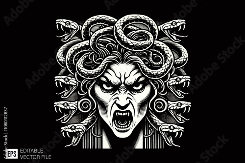 medusa illustration dark art style vector design black and white