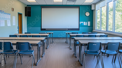 An empty classroom with a large whiteboard at the front, chairs and tables neatly arranged, creating a quiet and organized learning atmosphere