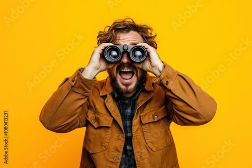 Man with Binoculars on Bright Yellow Background