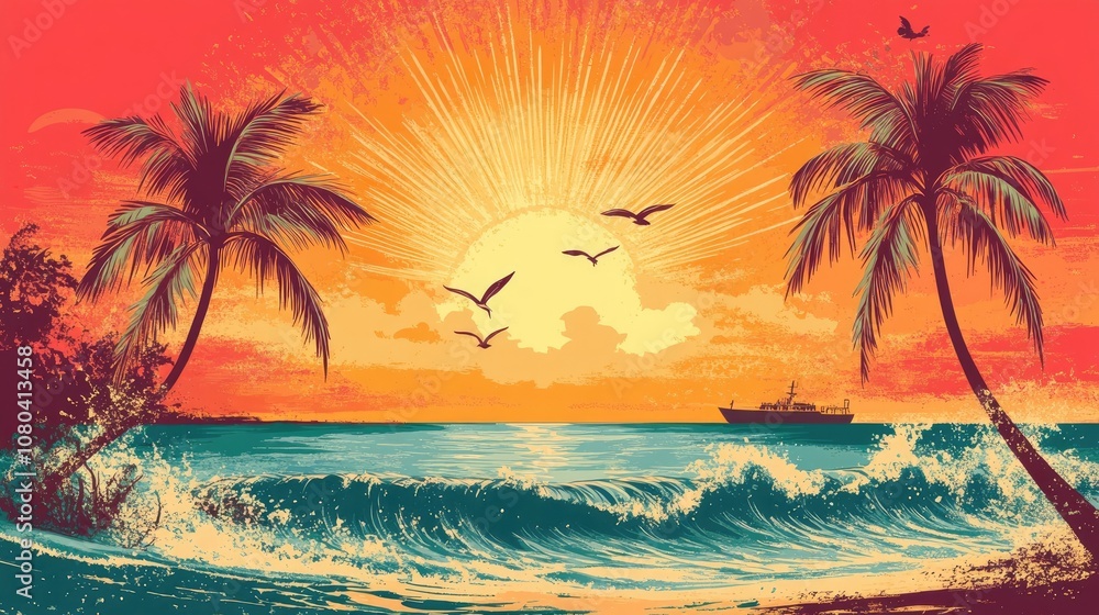 Obraz premium Tropical Beach with Palm Trees, Seagulls, and Sunset Waves in Vector Style
