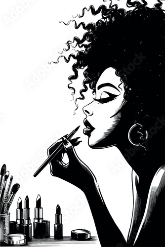 Beautiful black woman applying make up