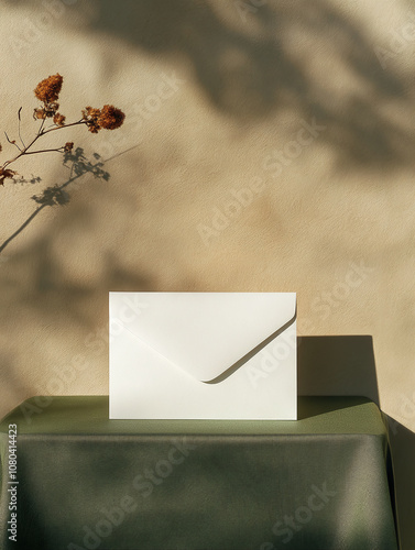 Minimalist White Envelope on a Table with Green Fabric and Warm Shadows photo