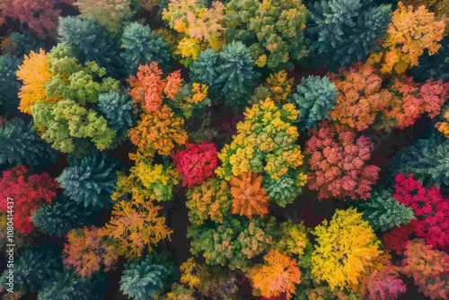 A beautiful autumn forest with many trees in various shades of red, yellow, and green