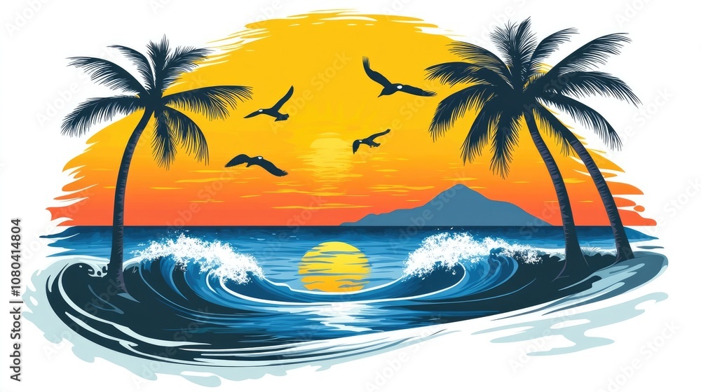 Tropical Beach with Palm Trees, Seagulls, and Sunset Waves in Vector Style Tropical Beach with Palm Trees, Seagulls, and Sunset Waves in Vector Style