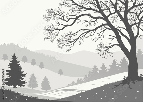 Winter Landscape Silhouette Vector Illustration.