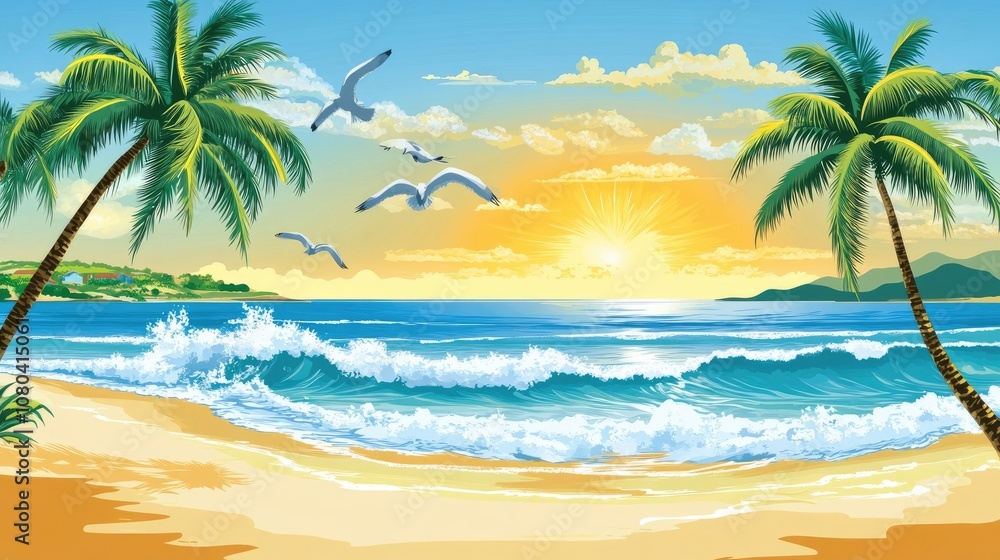 Tropical Beach with Palm Trees, Seagulls, and Sunset Waves in Vector Style Tropical Beach with Palm Trees, Seagulls, and Sunset Waves in Vector Style