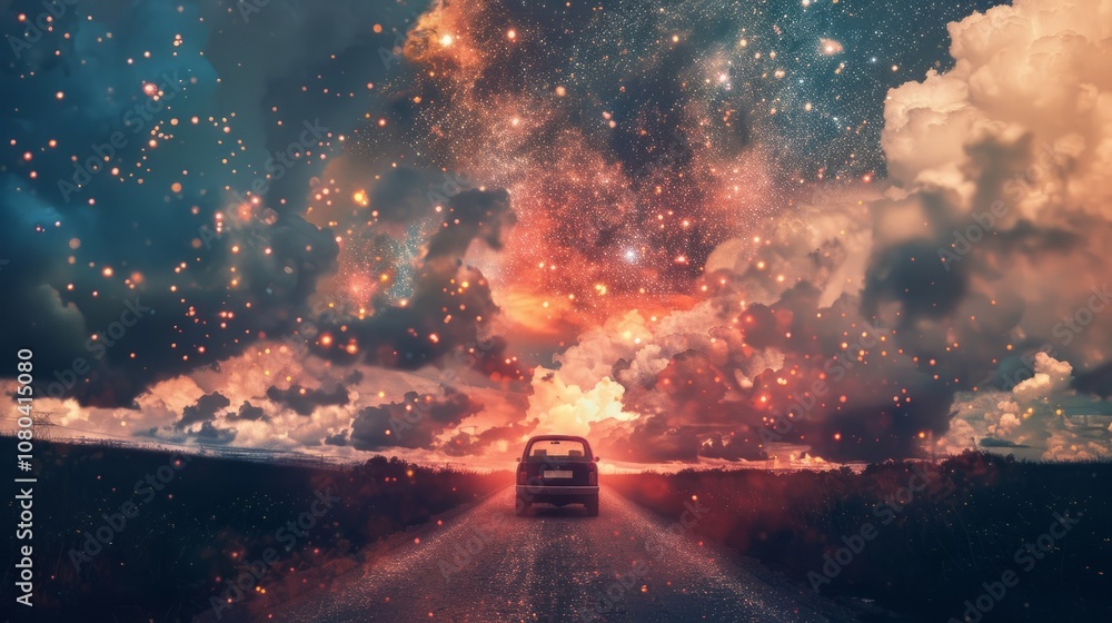 Conceptual double exposure artwork juxtaposing a car with a star-filled sky to symbolize the journey into the unknown during a road trip Conceptual double exposure artwork juxtaposing a car with a star-filled sky to symbolize the journey into the unknown during a road trip