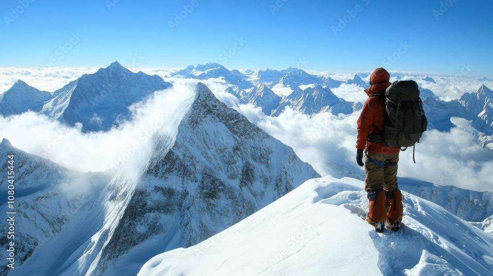 Climber with backpack on snowy mountain peak, success reached the top Climber with backpack on snowy mountain peak, success reached the top