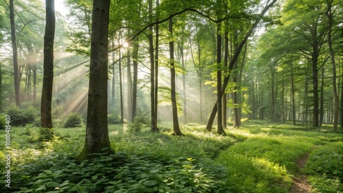 Serene forest with tall trees, sunbeams filtering through the leaves, and lush green plants creating a peaceful, natural atmosphere.