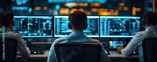 Gas pipeline operations team in high-tech control room, A team of professionals monitors complex data on multiple screens, showcasing the essence of technology and teamwork in a modern workspace.